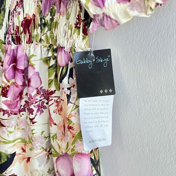 Brand New Gabby Skye Smocked Floral Cotton Poplin Dress Ivory Purple Size 16 - Picture 12 of 15